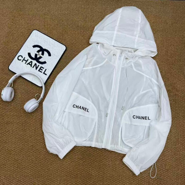 CHANEL Sheer Hooded Logo Windbreaker Jacket – White