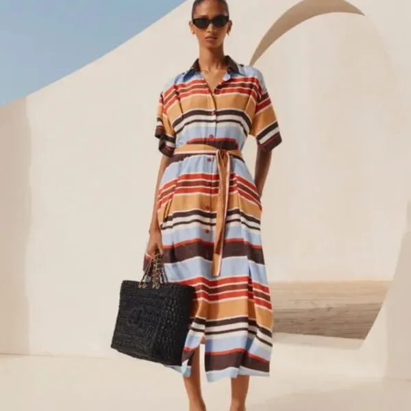 Chanel Striped Linen Shirt Midi Dress