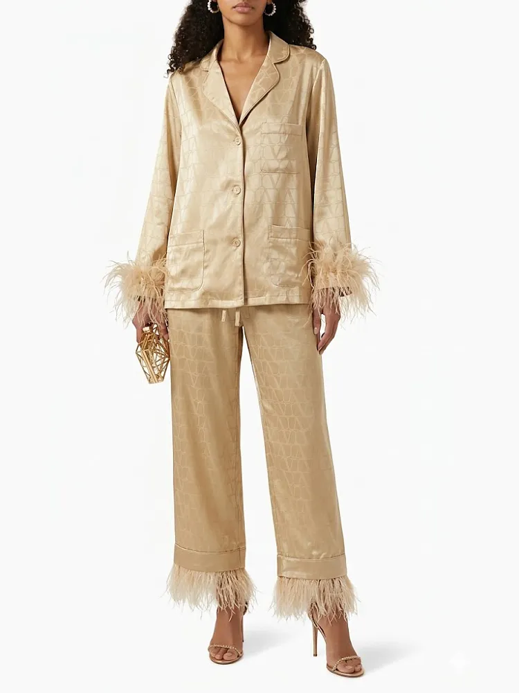 Valentino Toile Icon Feather-Trim Pajama Set - Image 2