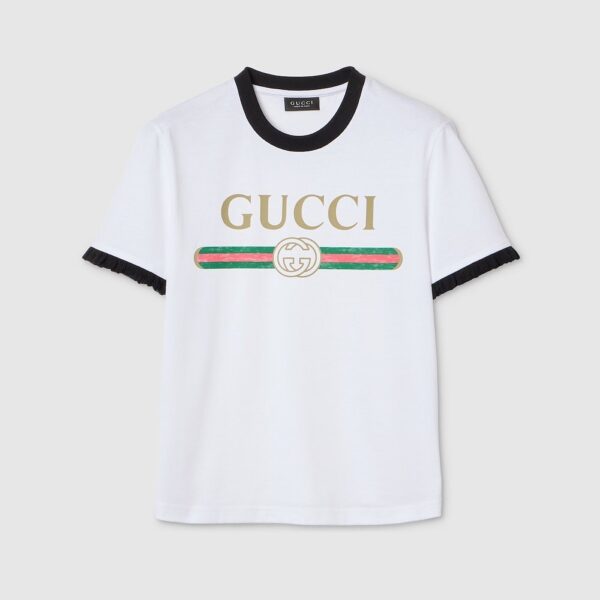 Gucci Logo Web Ruffle-Trim T-Shirt