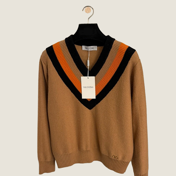 Valentino Camel Stripe V-Neck Knit Sweater