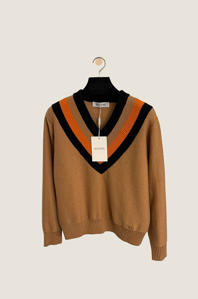 IMG_3037_eb770d18-10c3-4d52-9e99-bad30b27fb98.png Valentino Camel Stripe V-Neck Knit Sweater - Image 1