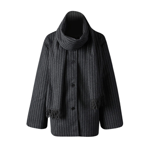 Noir Pinstripe Cocoon Jacket with Integrated Scarf