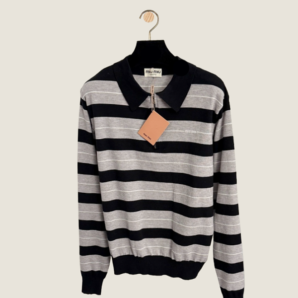 Miu Miu “École Moderne” Striped Knit Polo Sweater