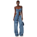 “Étoile Denim” Draped Bow Bustier & Wide-Leg Jean Ensemble