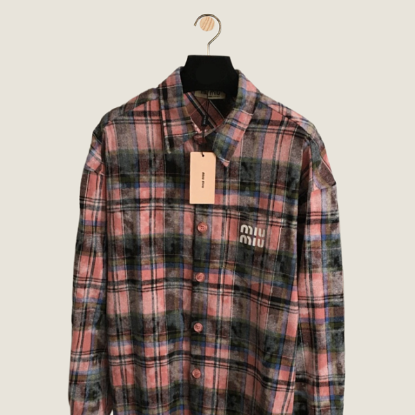 Miu Miu “Luna Rosa” Distressed Plaid Button-Up Shirt