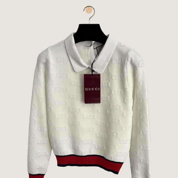 Gucci “Bianco Iconico” GG Knit Polo Sweater
