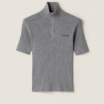Miu Miu “Grigio Iconique” Short-Sleeve Ribbed Zip Knit Top