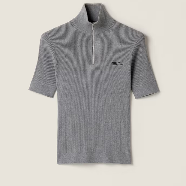 Miu Miu “Grigio Iconique” Short-Sleeve Ribbed Zip Knit Top