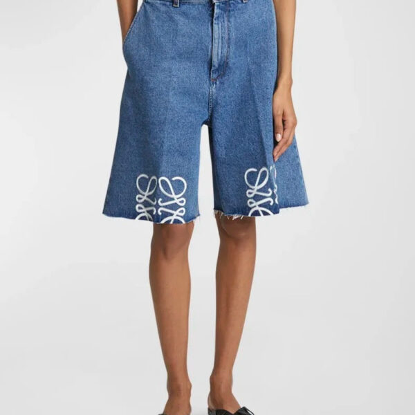 Loewe-Anagram Embroidered Wide-Leg Denim Bermuda Shorts