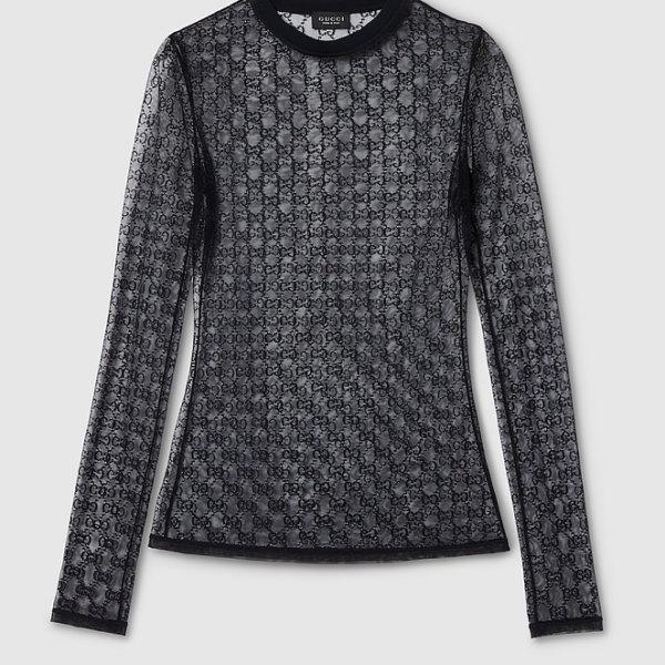 Gucci GG Monogram Sheer Mesh Long Sleeve Top