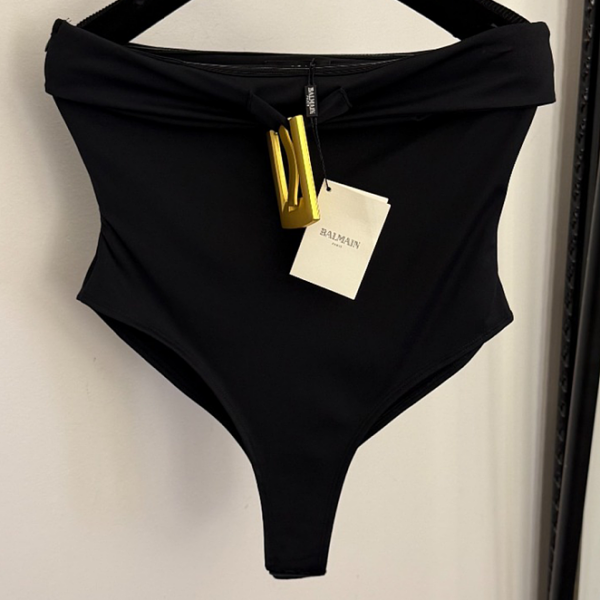 Balmain Noir Étreinte Off-Shoulder Sculpt Bodysuit