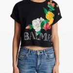 Balmain Paris Black Cotton Tee with Multicolor Rose Design & Gold Button Detail (S–XL)