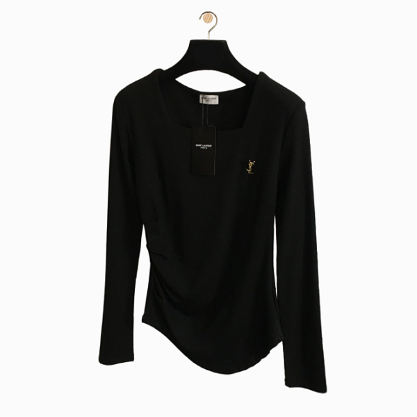 Saint Laurent Noir Sculpted Jersey Top with Gold Monogram Emblem