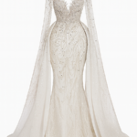 “Empress” Crystal-Embellished Off-Shoulder Gown with Regal Draped Trains