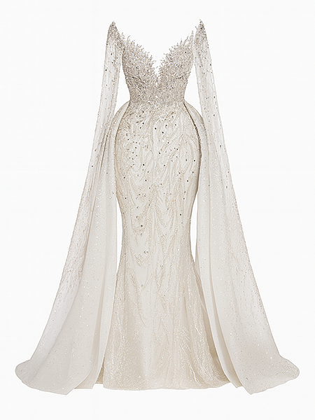 “Empress” Crystal-Embellished Off-Shoulder Gown with Regal Draped Trains