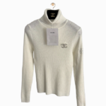 Chanel Ribbed Turtleneck Knit Sweater with Crystal CC Emblem