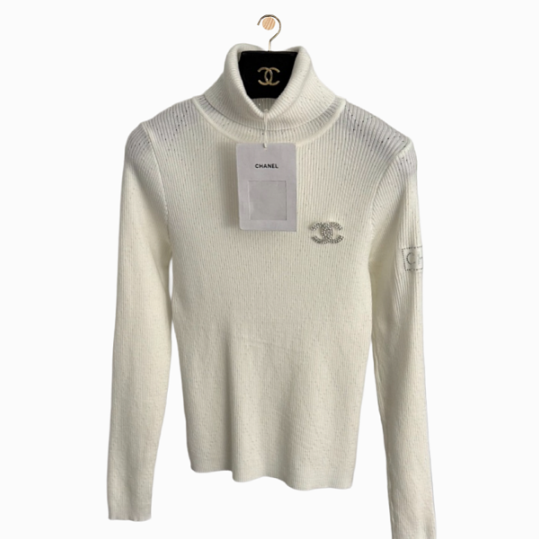 Chanel Ribbed Turtleneck Knit Sweater with Crystal CC Emblem