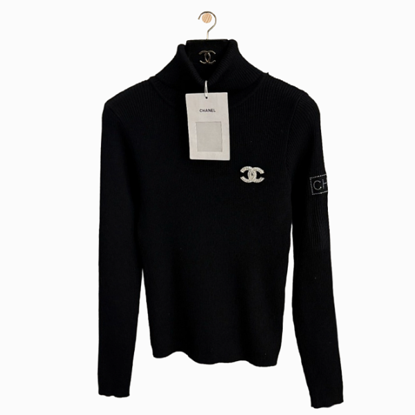 Chanel Ribbed Turtleneck Knit Sweater with Crystal CC Emblem