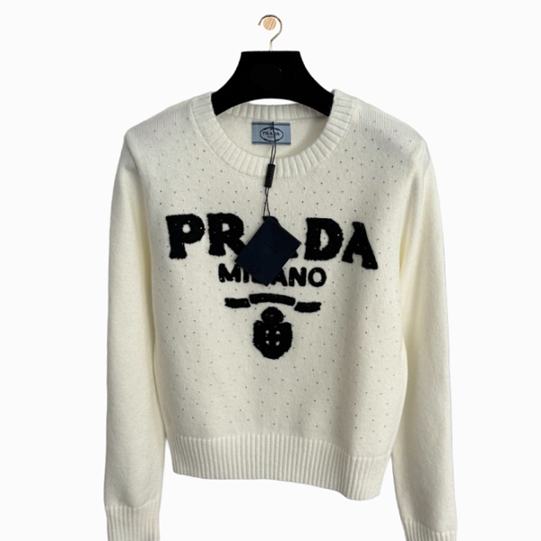 Prada Milano Crystal-Stud Logo Knit Sweater – Ivory (S–L)