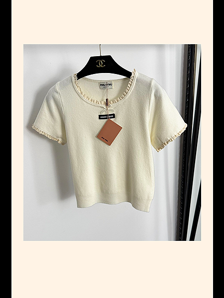 Miu Miu Ivory Ruffle-Trim Knit Tee