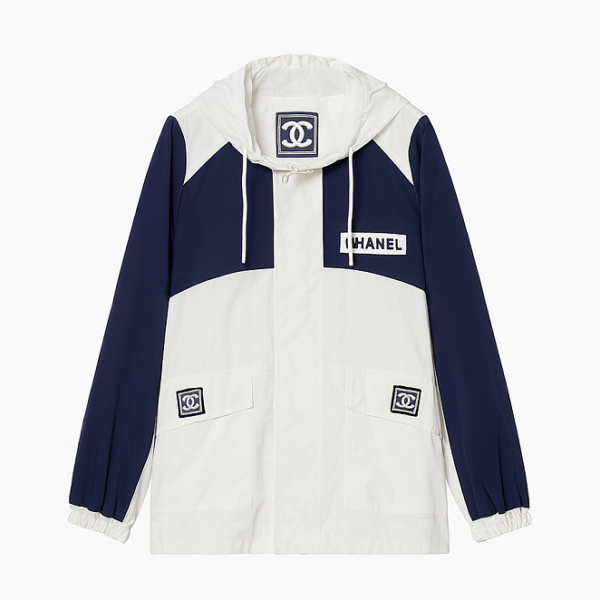 Chanel Monogram Patch Hooded Windbreaker – Navy & White