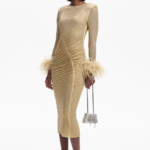 Champagne Radiance Feather-Cuff Midi Dress