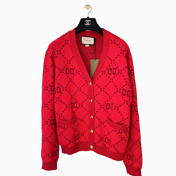 Gucci GG Jacquard Knit Cardigan with Gold Buttons – Red