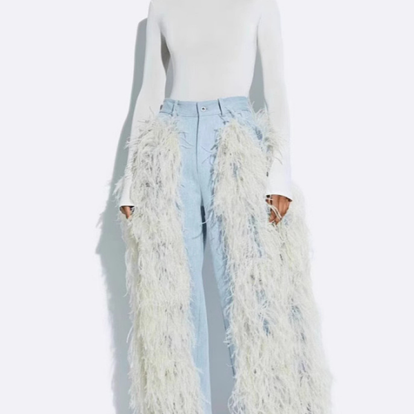 Pluméa Élysian Feathered Wide-Leg Denim Trousers