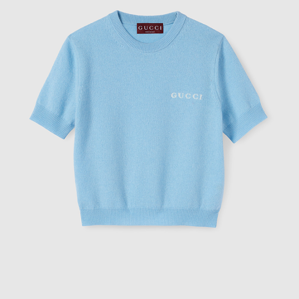 Gucci Azure Cashmere Short-Sleeve Knit Top