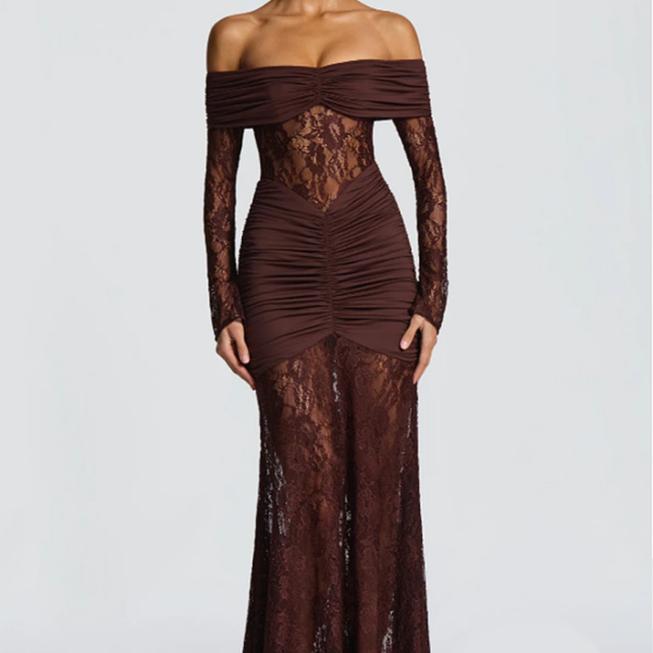 Café Nocturne Off-Shoulder Lace Gown