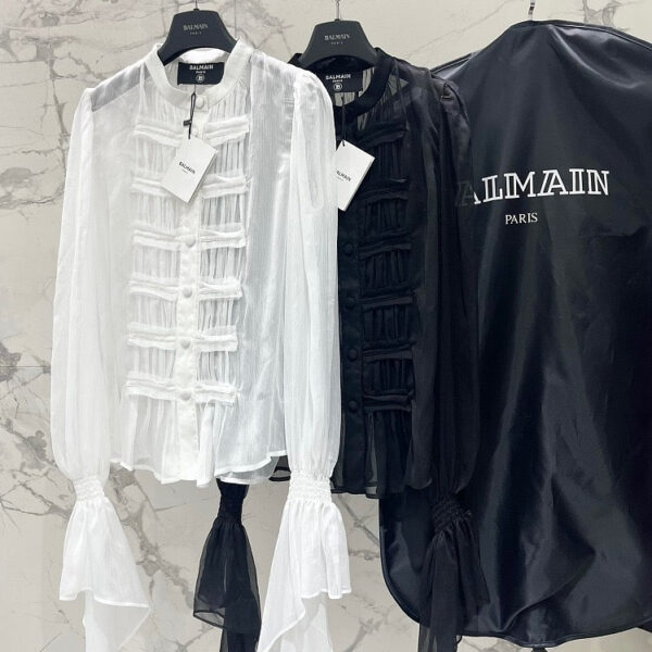 Balmain Sheer Military Pleated Blouse