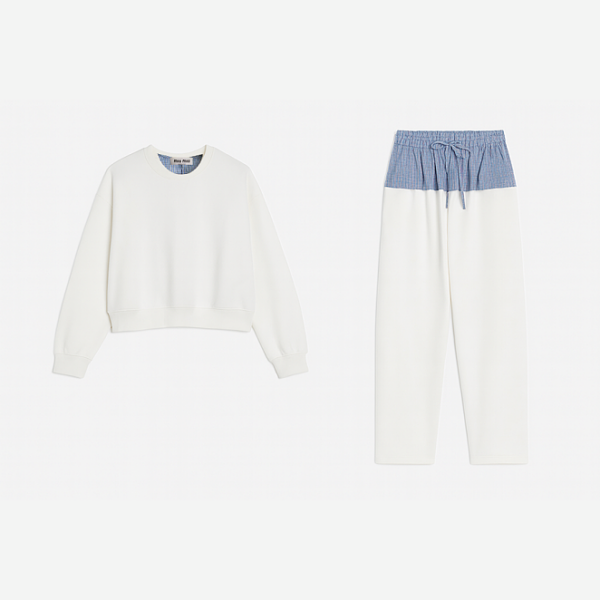 Miu Miu White Lounge Set with Blue Check Waistband