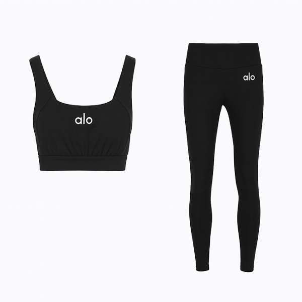 Alo Luxe Black Activewear Trio Set (Bra, Jacket & Leggings)