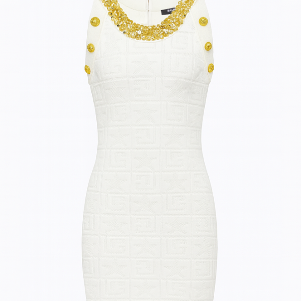 Balmain Sequin-Embellished Logo Mini Dress (White, S–L)