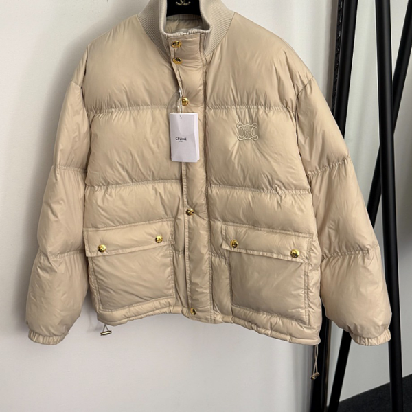 CELINE Quilted Down Puffer Jacket with Gold-Tone Hardware – Beige