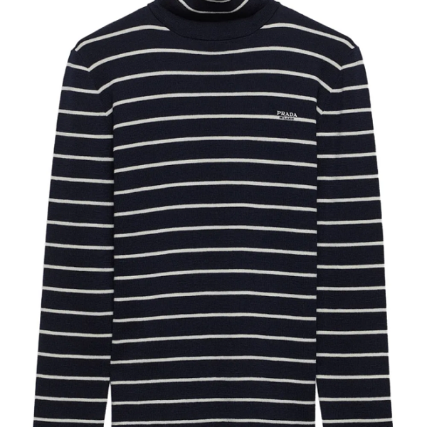 PRADA Striped Fine-Knit Turtleneck Sweater – Navy & Ivory