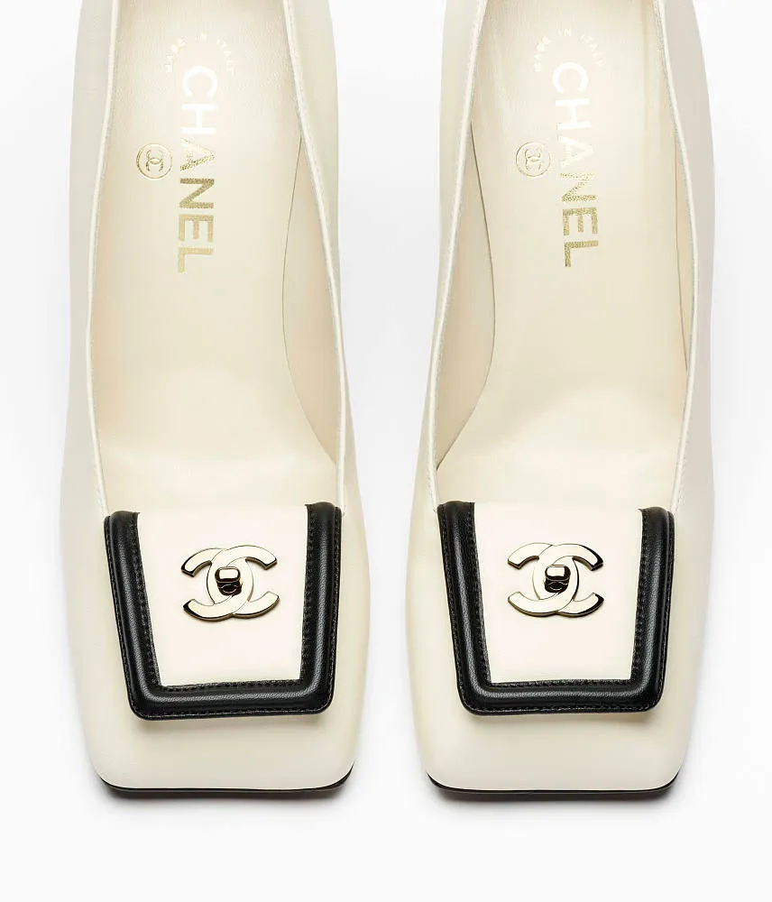Chanel CC Signature Leather Block Heel Pumps – Ivory - Image 6
