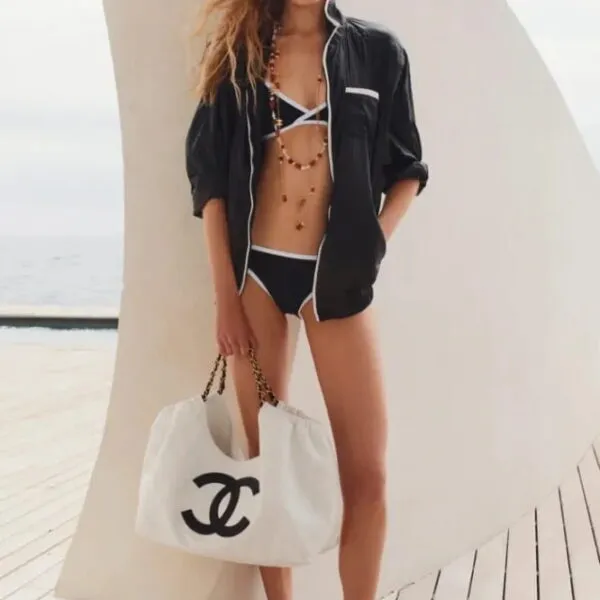 Chanel Contrast-Trim CC Bikini Set — Black & White
