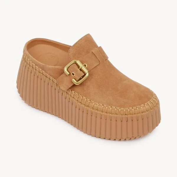 Chloé Nama Platform Suede Mules — Caramel