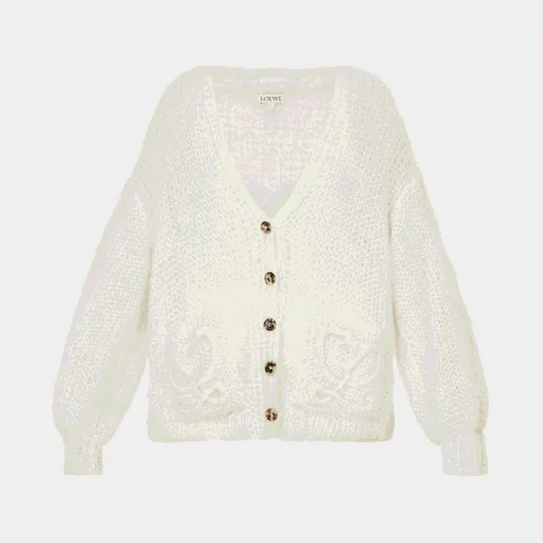 LOEWE Anagram Open-Knit Mohair Cardigan — Ecru