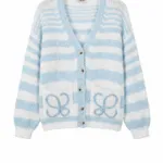 LOEWE Anagram Embroidered Striped Open-Knit Cardigan – Baby Blue & Ivory