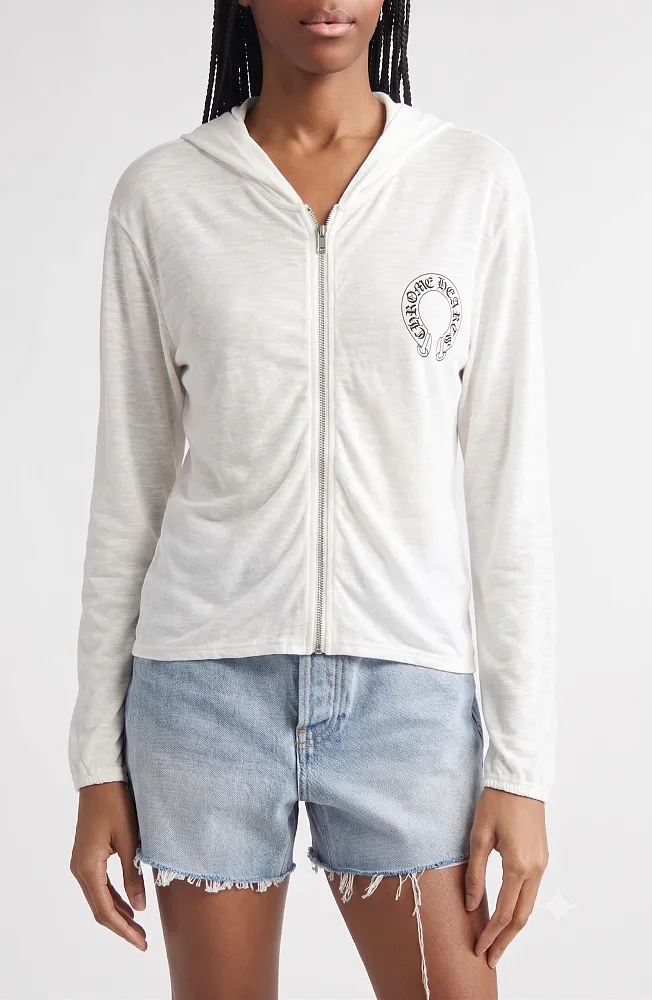 CHROME HEARTS Horseshoe Logo Lightweight Zip Hoodie – White - Image 2