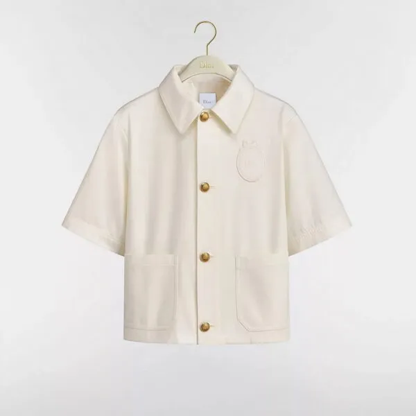 DIOR Crest-Embroidered Gold Button Short-Sleeve Jacket – Ivory