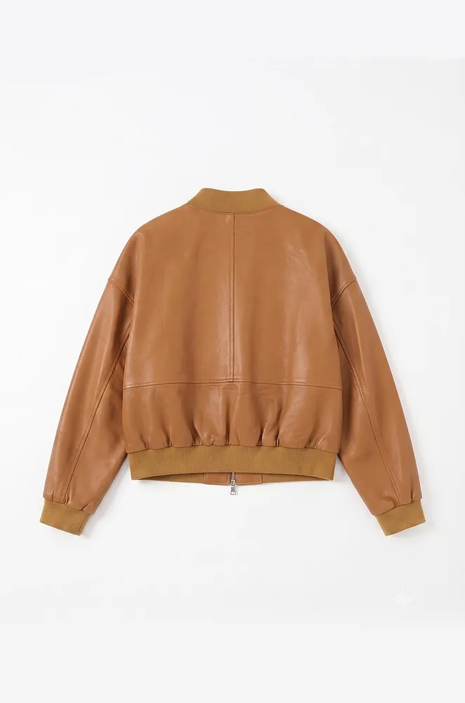 Prada Re-Nylon Label Leather Bomber Jacket – Caramel Brown - Image 2