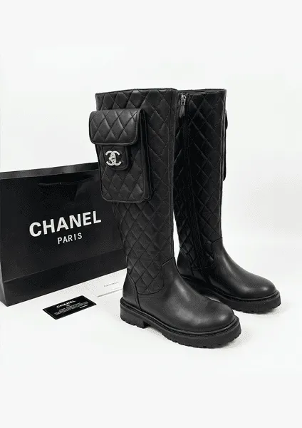 CHANEL Matelassé Utility Pocket Knee-High Combat Boots
