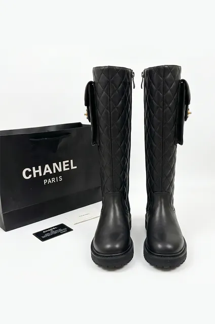 CHANEL Matelassé Utility Pocket Knee-High Combat Boots - Image 2