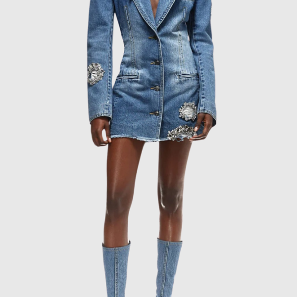 CAVÉRINE™ Crystal-Embellished Open-Back Denim Blazer Dress