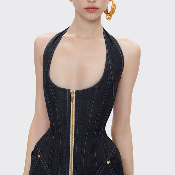 VERDANÉ™ Sculpted Zip-Front Denim Halter Dress