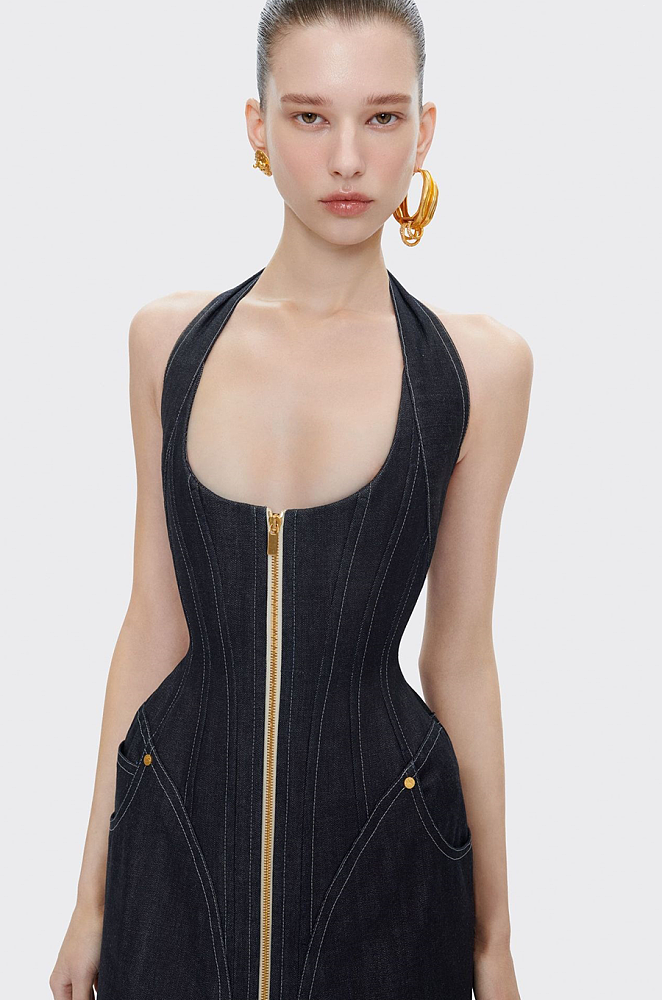 img_8378 VERDANÉ™ Sculpted Zip-Front Denim Halter Dress - Image 1